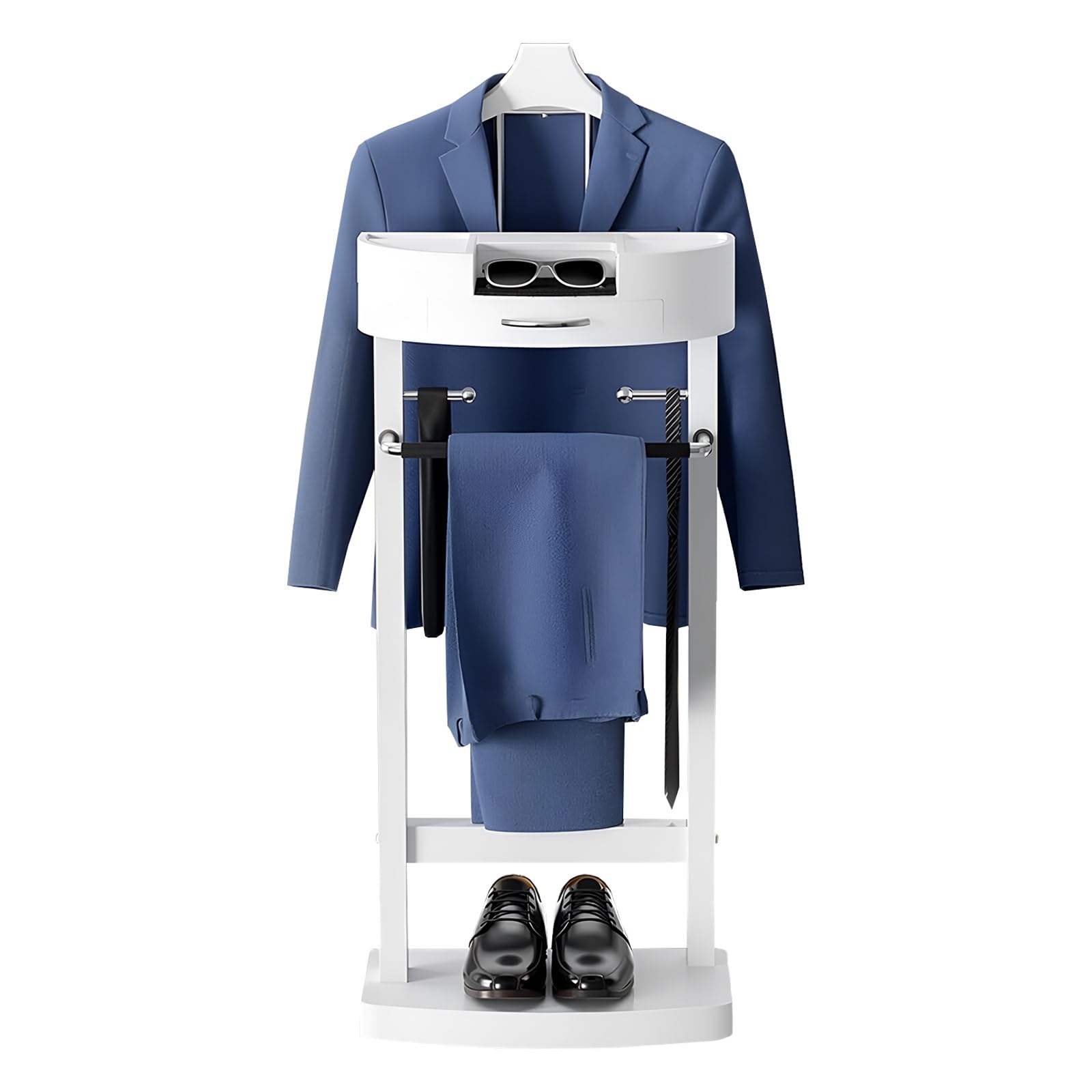 AZQOHMIS Wood Suit Valet Stand With Drawer Top Tray Women's And Men's Hanger With Metal Belt Hook Freestanding Clothes Valet Stand For Living Room Entryway Bedroom Office(White)