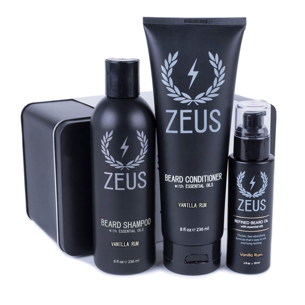 ZEUSBeard Starter Kit for Thick Beards, Natural Beard Shampoo, Beard Conditioner & Premium Refined Beard Oil (Made in USA) Vanilla Rum