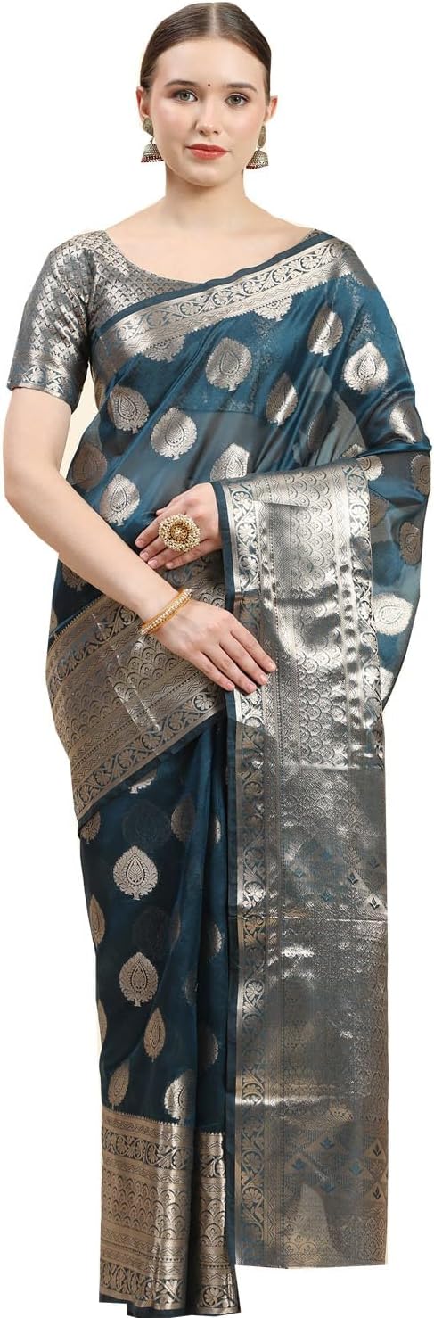 MOHIT CREATIONSGolden Zari Weave Organza Silk Saree with Rich Pallu & Mina Butta With Unstiched Blouse