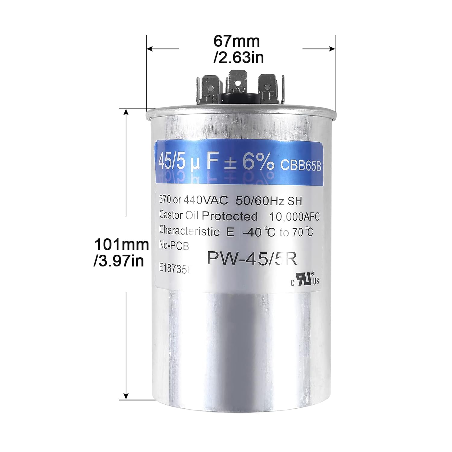 2 Pack 45+5 uF ±6% 45/5 MFD 370/440 VAC CBB65 Dual Run Start Round Capacitor for Condenser Straight Cool or Heat Pump Air Conditioner or AC Motor and Fan Starting