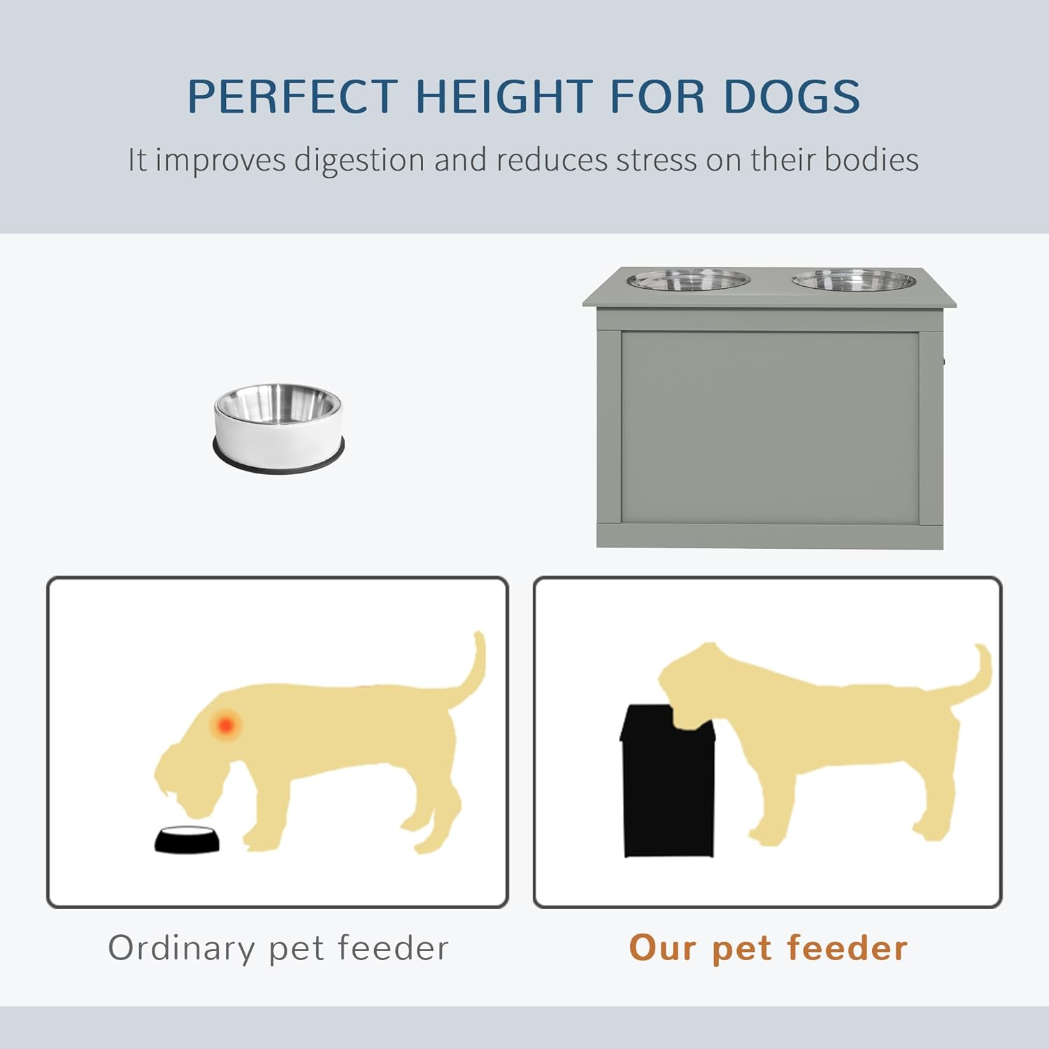 PawHut Raised Pet Feeding Storage Station with 2 Stainless Steel Bowls Base for Large Dogs and Other Large Pets, Gray