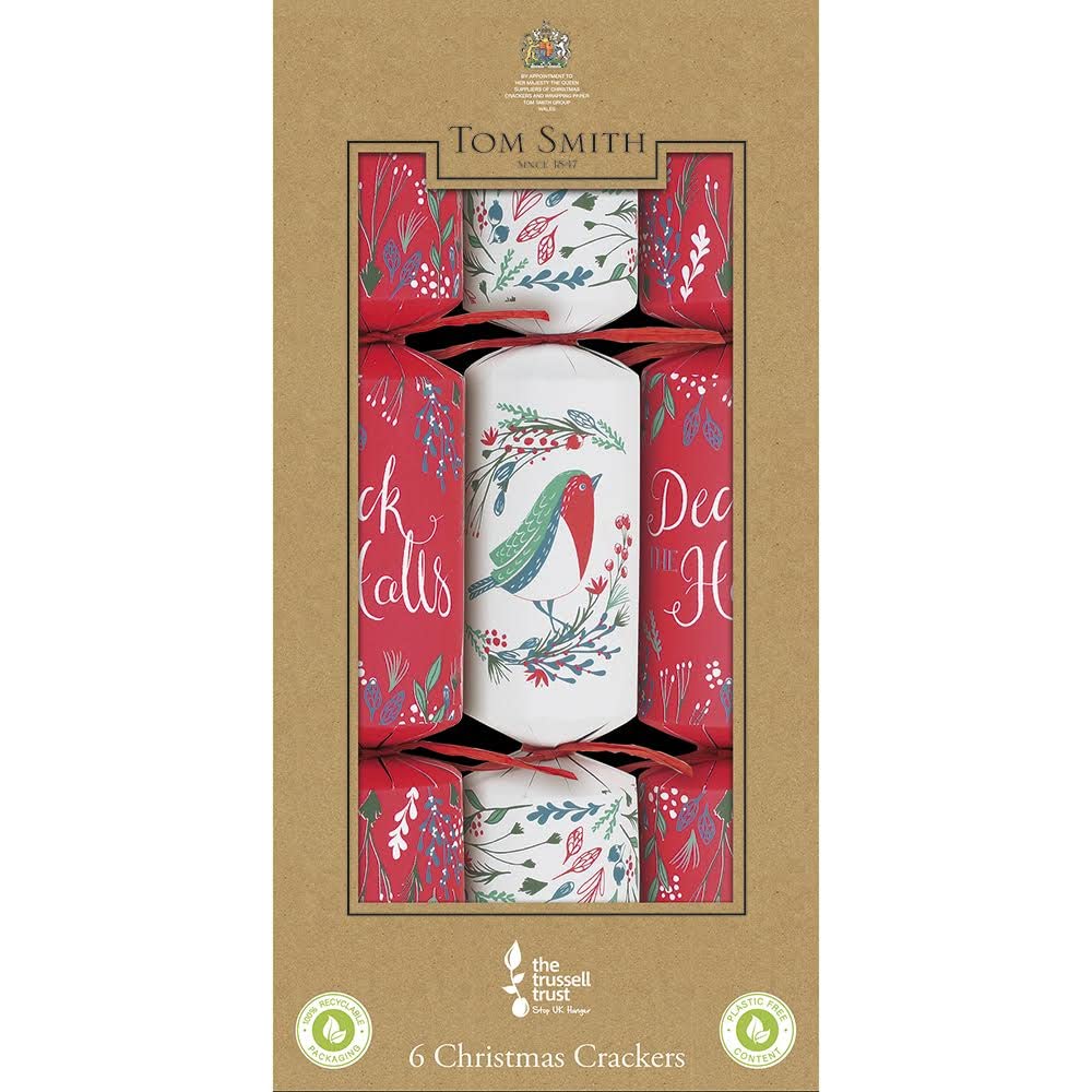 Tom Smith Red/White - Deck The Halls Dinner Cube Crackers - Luxury Christmas Crackers, In & - Deck The Halls - Place Cards Included - Party Accessories For Christmas, Novelty Toy Inside - Pack Of 6