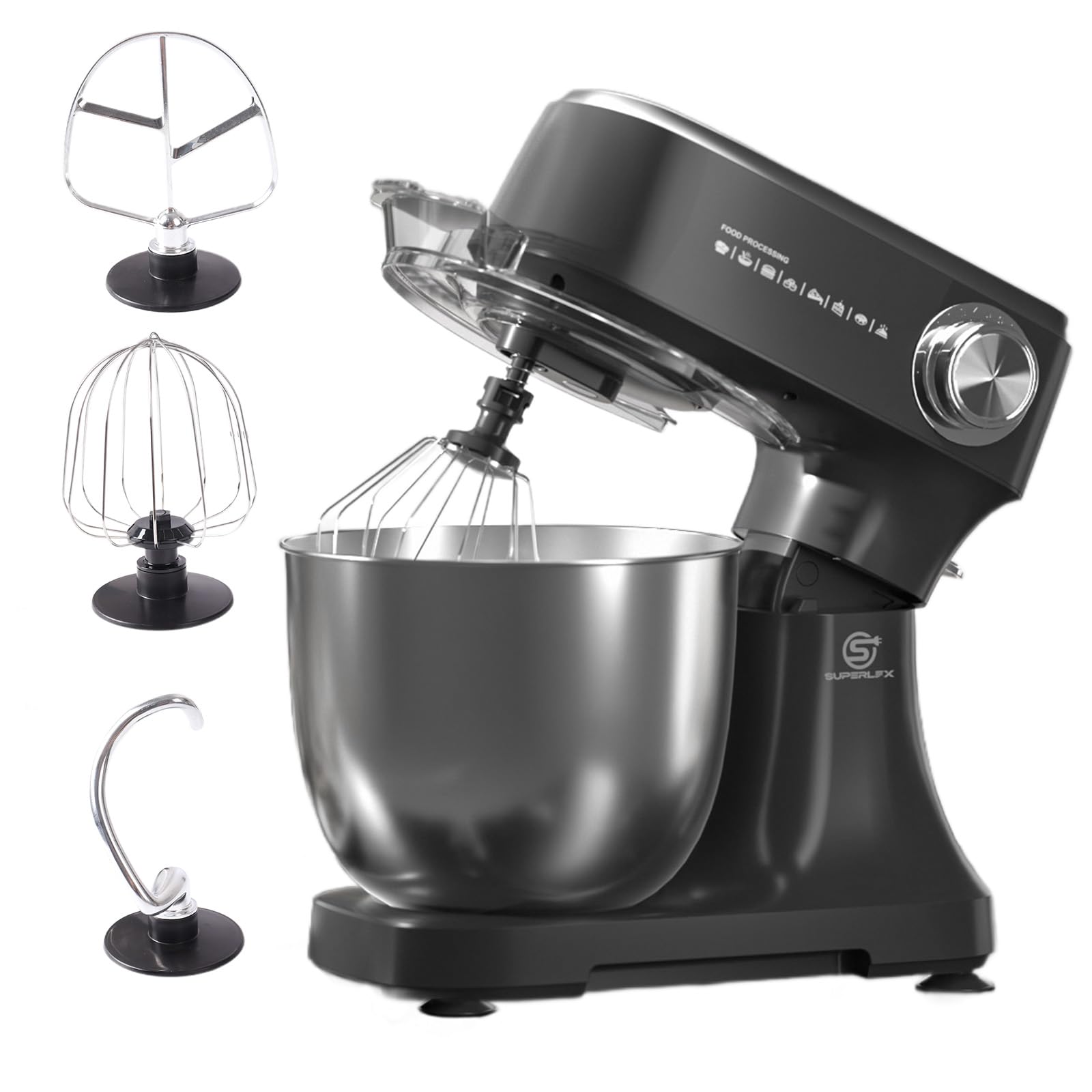 Robot kuchenny, 800 W, maszyna do ugniatania, 4 5 l, miska ze stali nierdzewnej z hakiem do zagniatania, trzepaczką i trzepaczką, 10 stopni prędkości, wielofunkcyjna, mieszadło z ochroną
