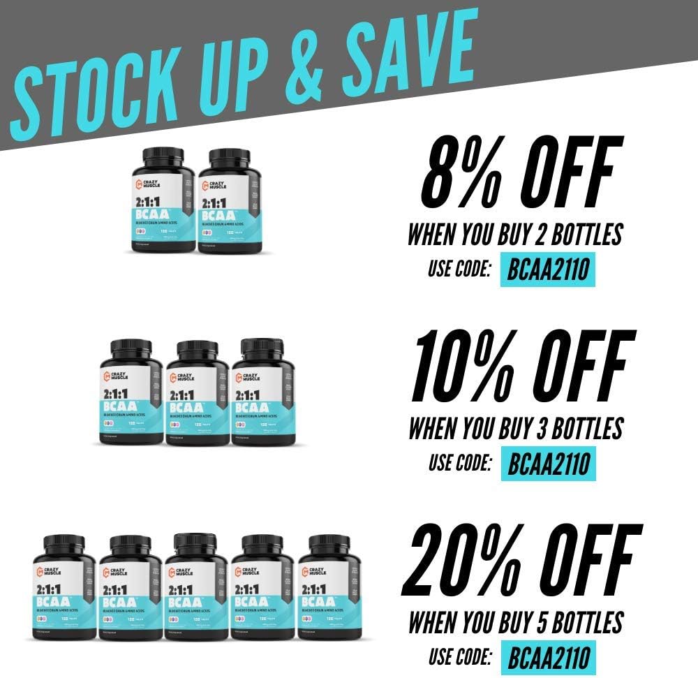 Crazy Muscle BCAA Pills with The Perfect 2:1:1 Ratio of Branched Chain Amino Acids Supplement - 1000mg of BCAAs per Pill (Better Than Capsules) by Crazy Muscle - 120 Tablets : Health & Household