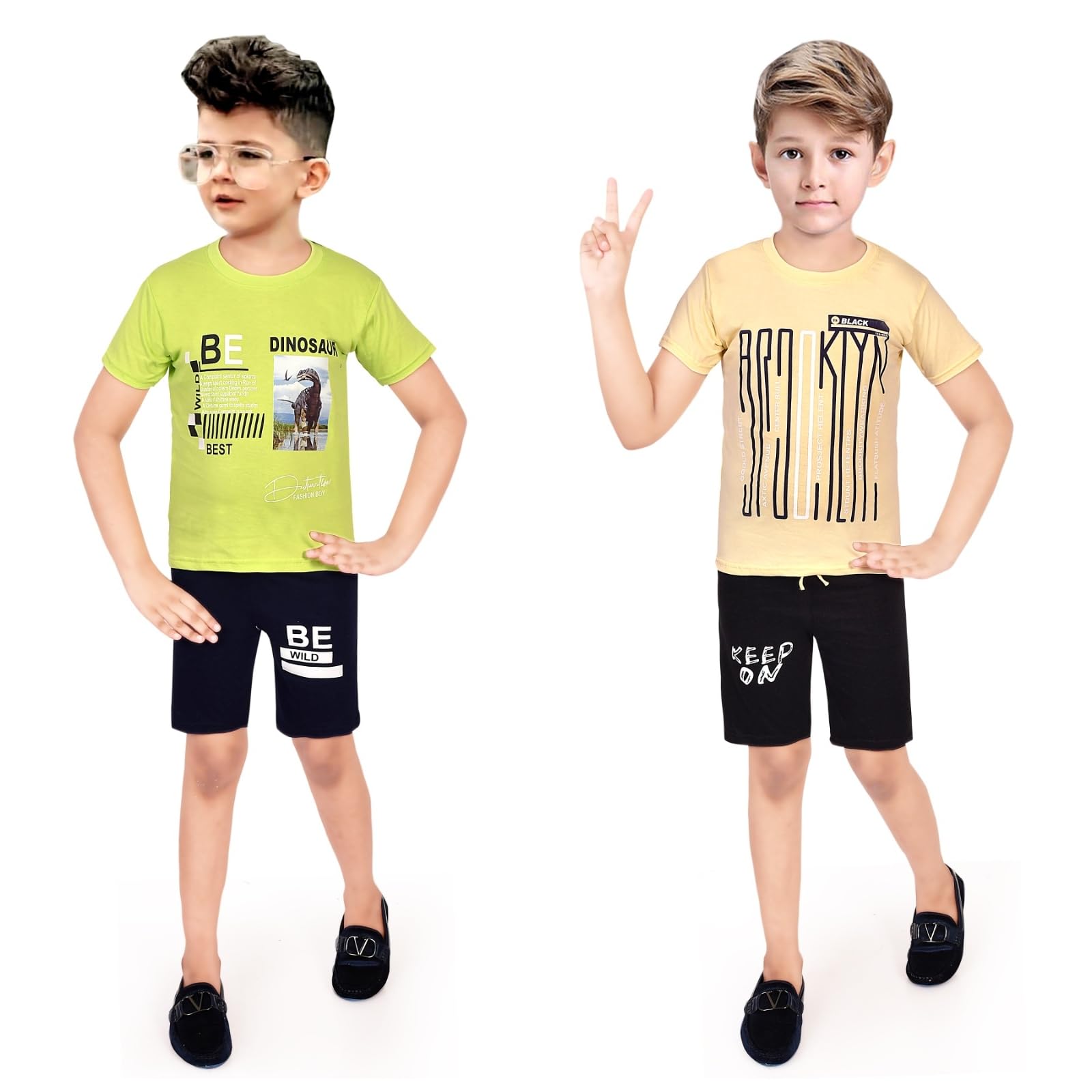 T S Garments Cotton Look Printed Casual Half Sleeves T-Shirt & Shorts (Set Of 2) For Boys