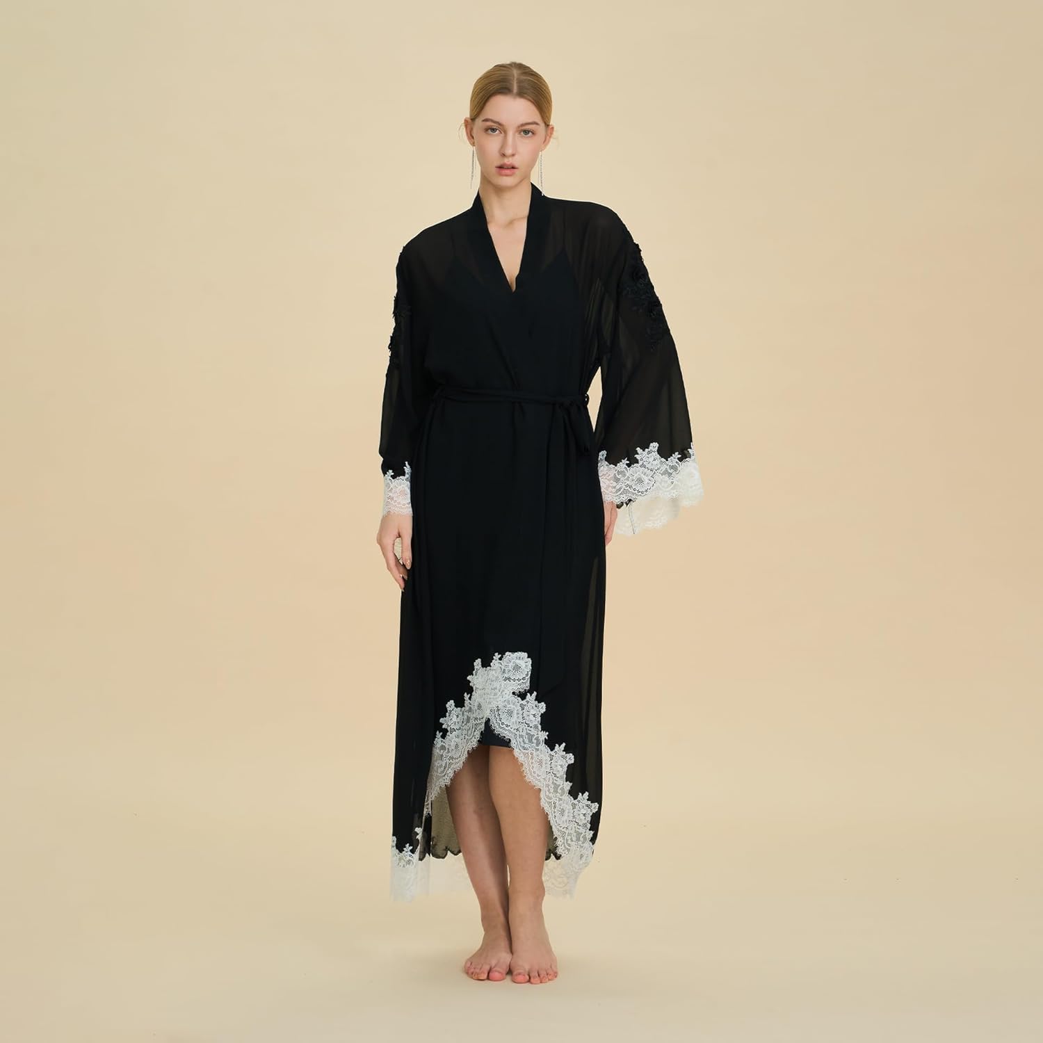 Women's Black/White Sheer Robe with White Lace Trim, Long Kimono Style Wrap Dressing Gown, Belted