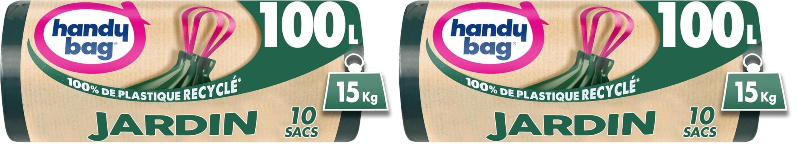Handy Bag - Bolsas de basura para jardín, 100 x 10 bolsas, ultra resistente: soporta hasta 15 kg. Película de triple grosor. Asas deslizantes prácticas. Impermeabilización máxima - 100% plástico