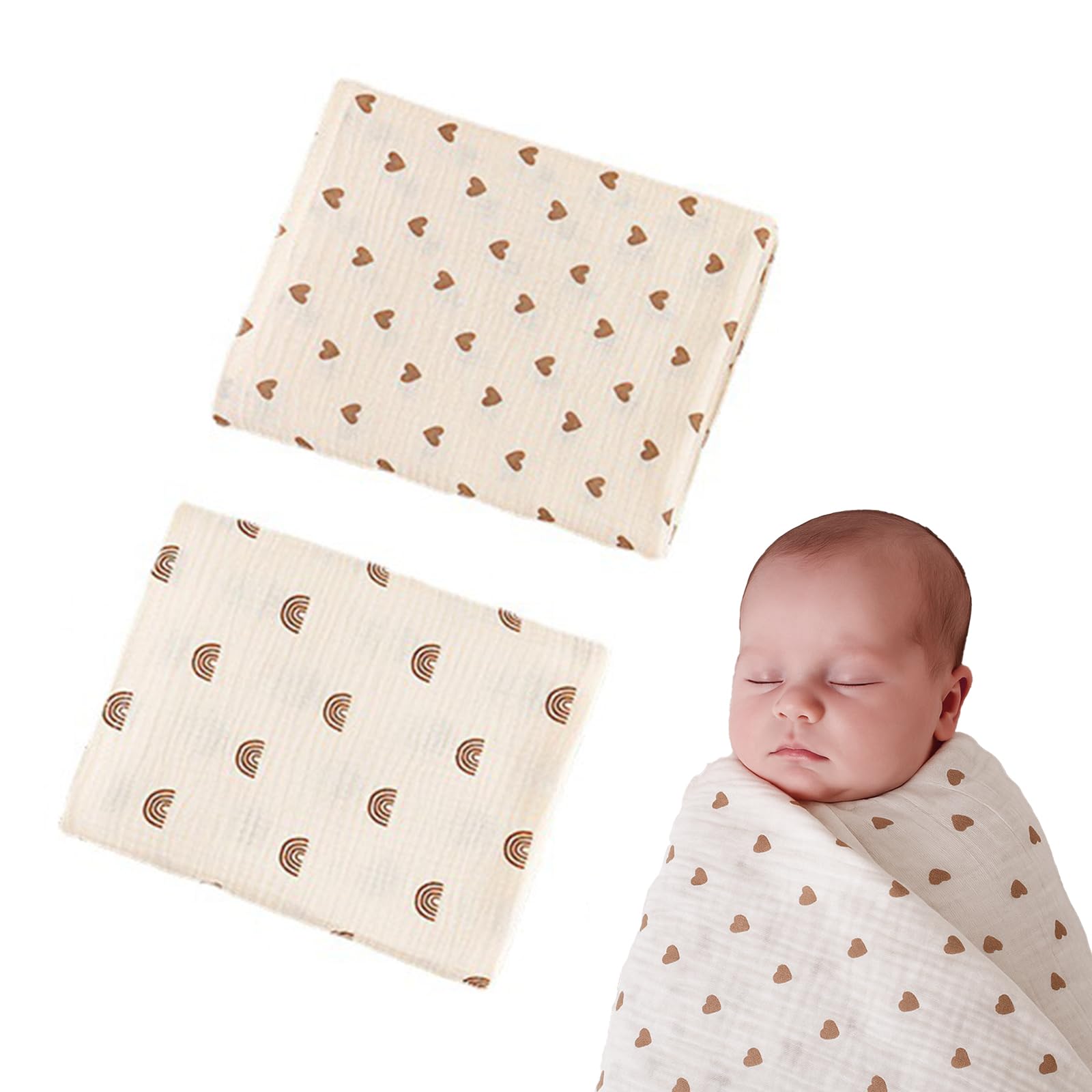 Quorlis Muslin Blanket for Baby, 2 Pcs 100x100cm Large Cotton Muslin Cloths Rainbow & Heart Design