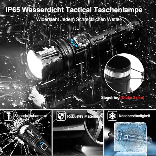 Shadowhawk Taschenlampe Led 500,000 Lumen, Extrem Hell Taschenlampe USB Aufladbar Taktische Taschenlampen Mit holster XHP70.2, IP67 Wasserdicht 5 Lichtmodi für Camping Wandern Notfälle