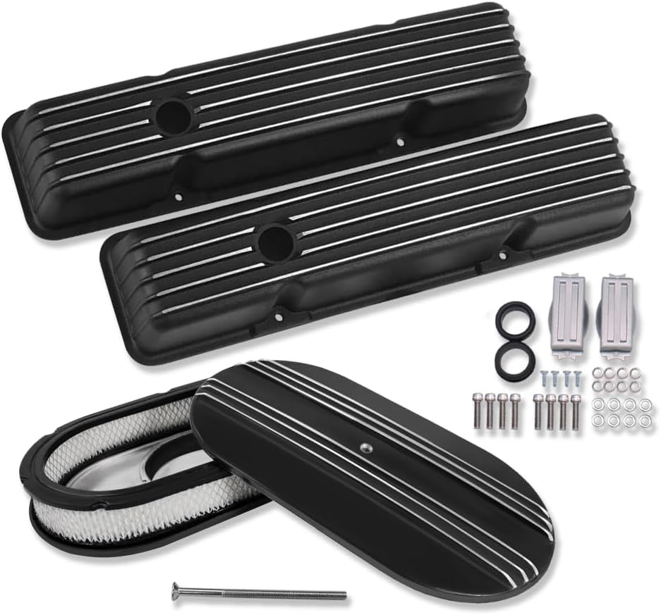 Short Valve Covers For SBC 283 305 327 350 400 1958-1986 and 12" Oval Air Cleaner Partial Finned Polished