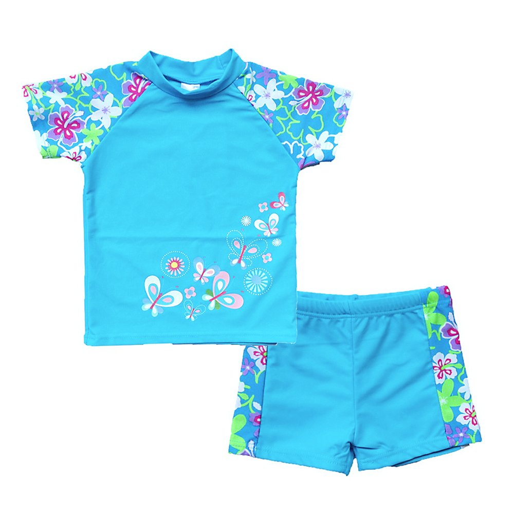 BAOHULU Girls Short Sleeve Swimsuit Two Piece Floral UPF 50+ Rash Guard
