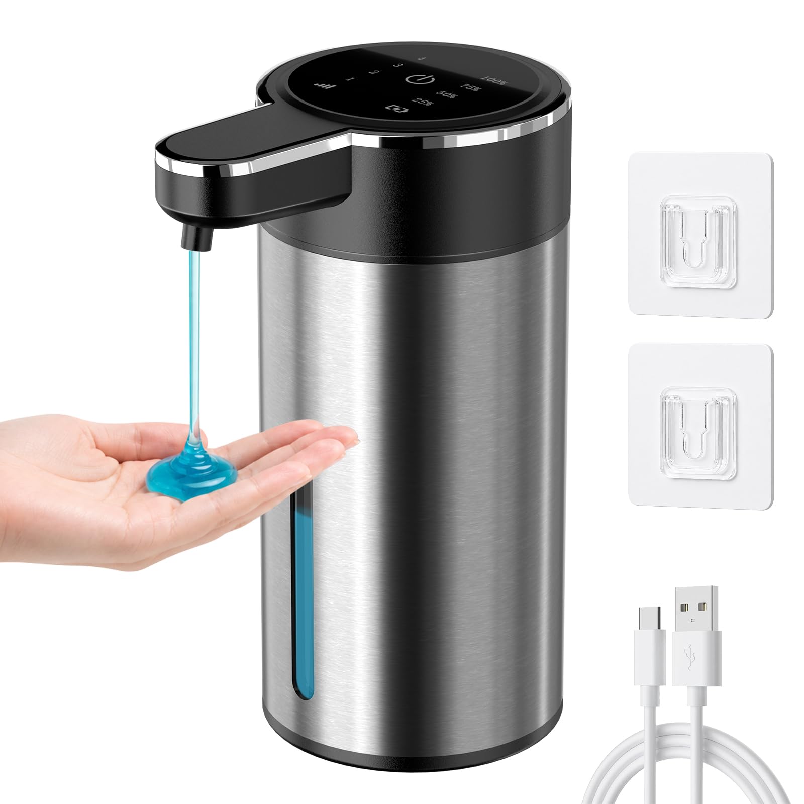 Automatic Soap Dispenser, Stainless Steel Touchless USB-C Rechargeable Electric 400ml Liquid Soap Dispenser with 4 Adjustable Levels, IPX5 Waterproof, Wall Mounted for Bathroom Kitchen