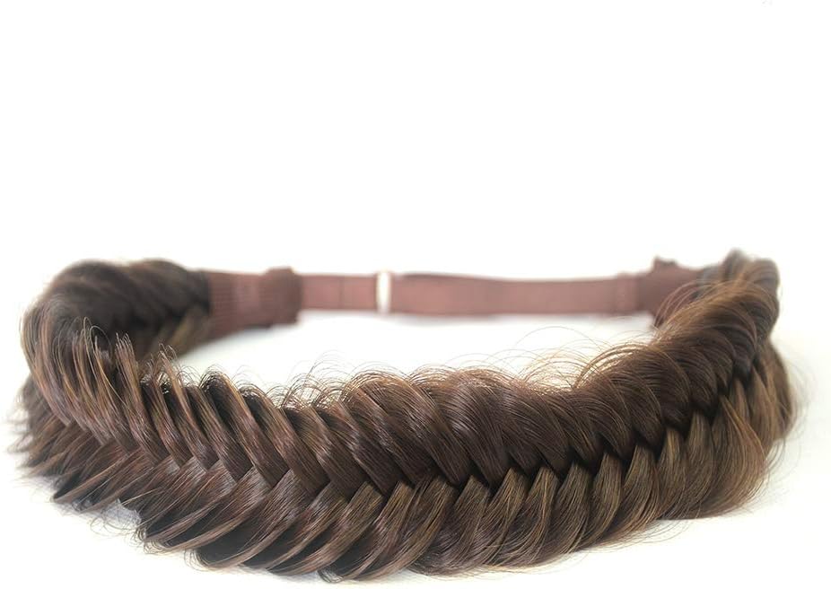 DIGUAN Wide Fishtail 2 Strands Synthetic Hair Braided Headband Classic Chunky Plaited Braids Elastic Stretch Hairpiece Women Girl Beauty accessory,59g Bohemian (Dark Brown)