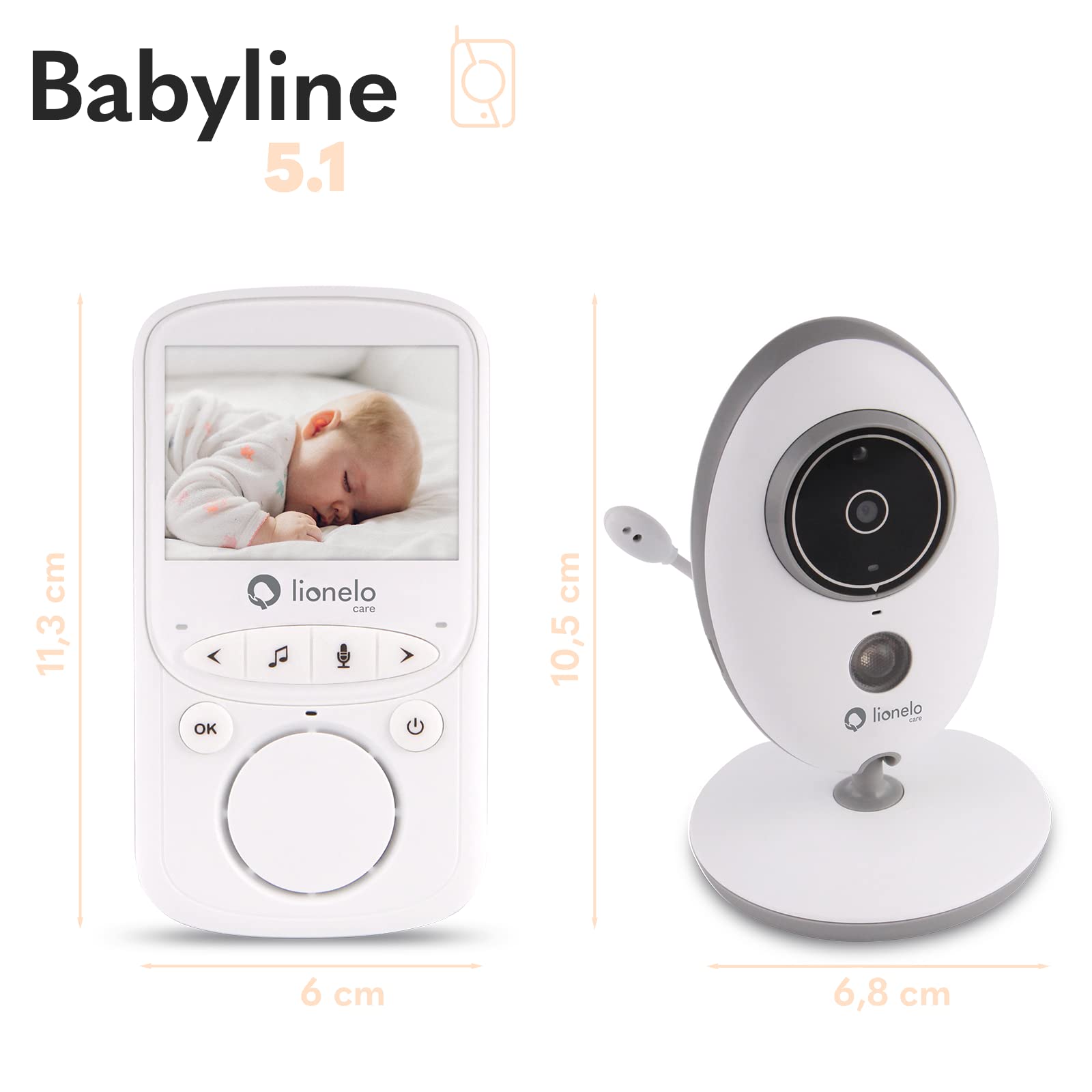 lionelo Babyline 5.1 Babyphone Caméra Bébé, Baby Phone avec Moniteur Vidéo, 2 Caméras, sans Fil Jusqu’à 300 m, Audio Bidirectionnel, Mode Nuit, Température, Autonomie 20 h