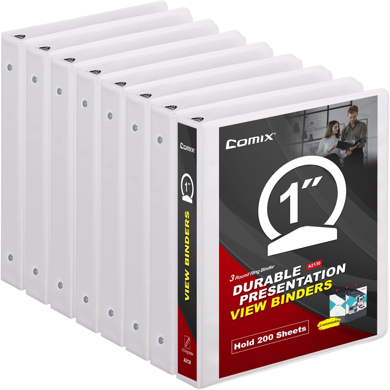 Sturdy 3 Ring Binder 1 inch with Clear View Cover, 1" Round Ring View Binder, PVC-Free, 2.4mm-Thick, 200 Sheets Capacity of US Letter Size Paper, Office ๏ผ School Supplies, 8 Pack (White)