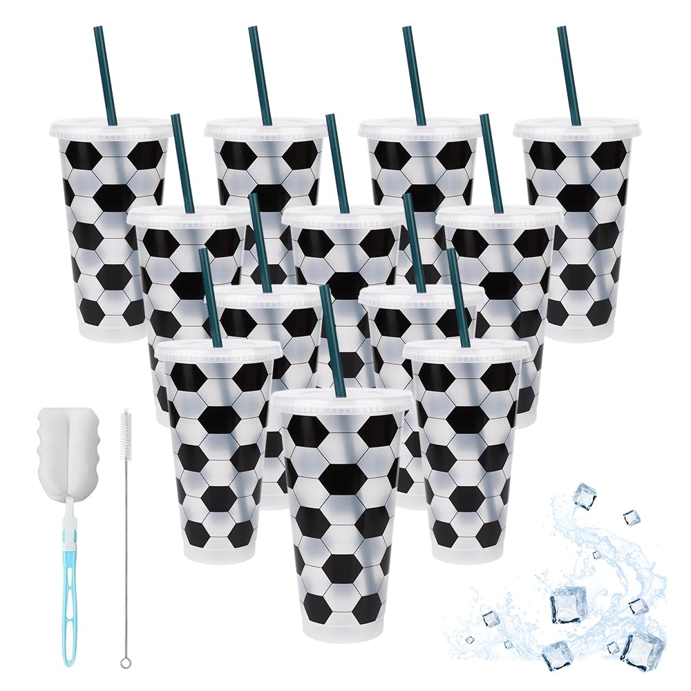 KQWVZ 12PCS 24 oz Plastic Football Cups, Plastic Tumblers with Lids and Straws, BPA Free, Drink Cups with Lids and Straws Brushes, for Coach Fan Men Women Sports Game Team Decoration