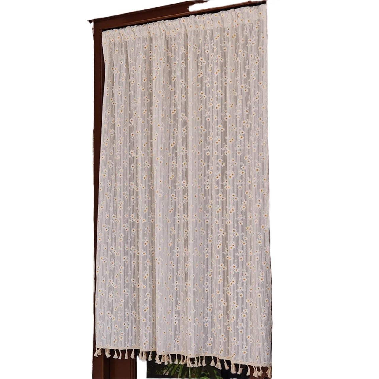 BDFJEDS Cabinet Curtain Floral Sheer Half Curtain, Small Daisy Tassel Valance For Kitchen Cabinet, Light Filtering Drapes(Color2,ROD POCKET_140X260CM)