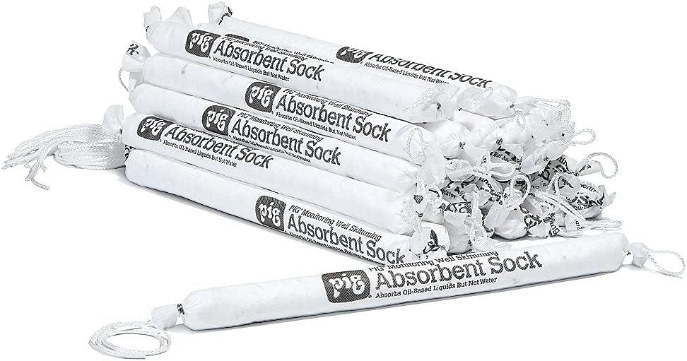 PIG Monitoring Well Skimming Sock | Absorbs Oil Based Liquids | 17 oz Absorbency | 30 Socks | 1.5" Dia x 18" L | SKM401
