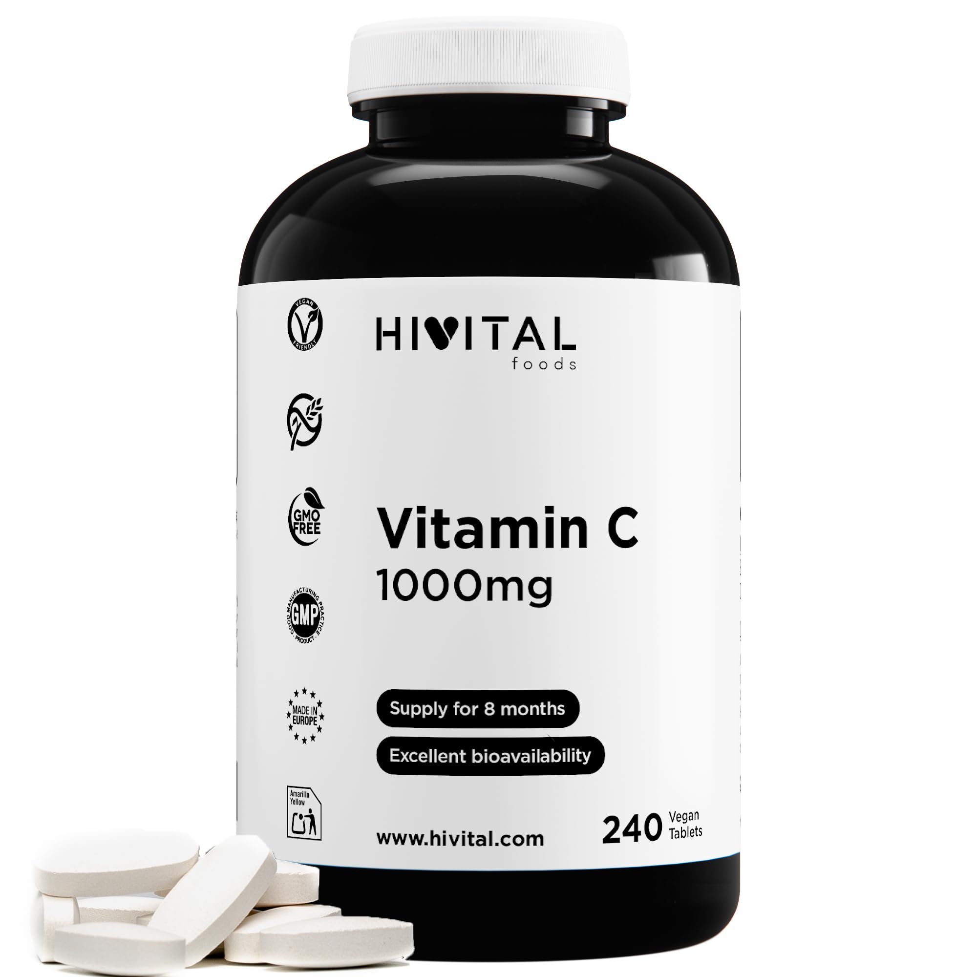 Vitamina C 1000 mg. 240 comprimidos para 8 meses de tratamiento. Vitamina C pura elaborada con un 97% de Ácido Ascórbico. Apto para Veganos. Fabricado en España por HIVITAL