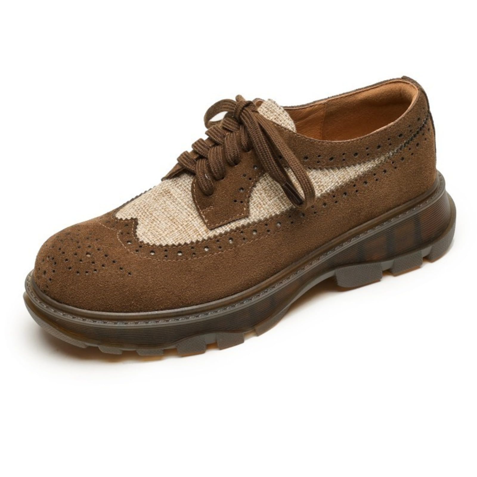 Womens Vintage Suede Leather Platform Oxfords Lace Up Two Tone Brogues with Non-Slip Sole for Casual Commute Travel