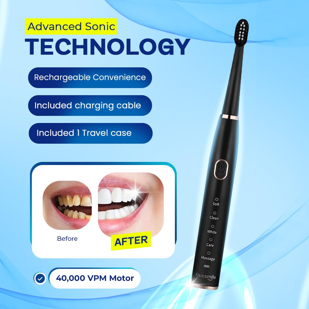 TrueSmile Sonic - Confezione di 2 spazzolini elettrici (nero e bianco) con 8 testine di ricambio, 5 modalità di pulizia, timer intelligente da 2 minuti, ricaricabile tramite USB, impermeabile IPX7