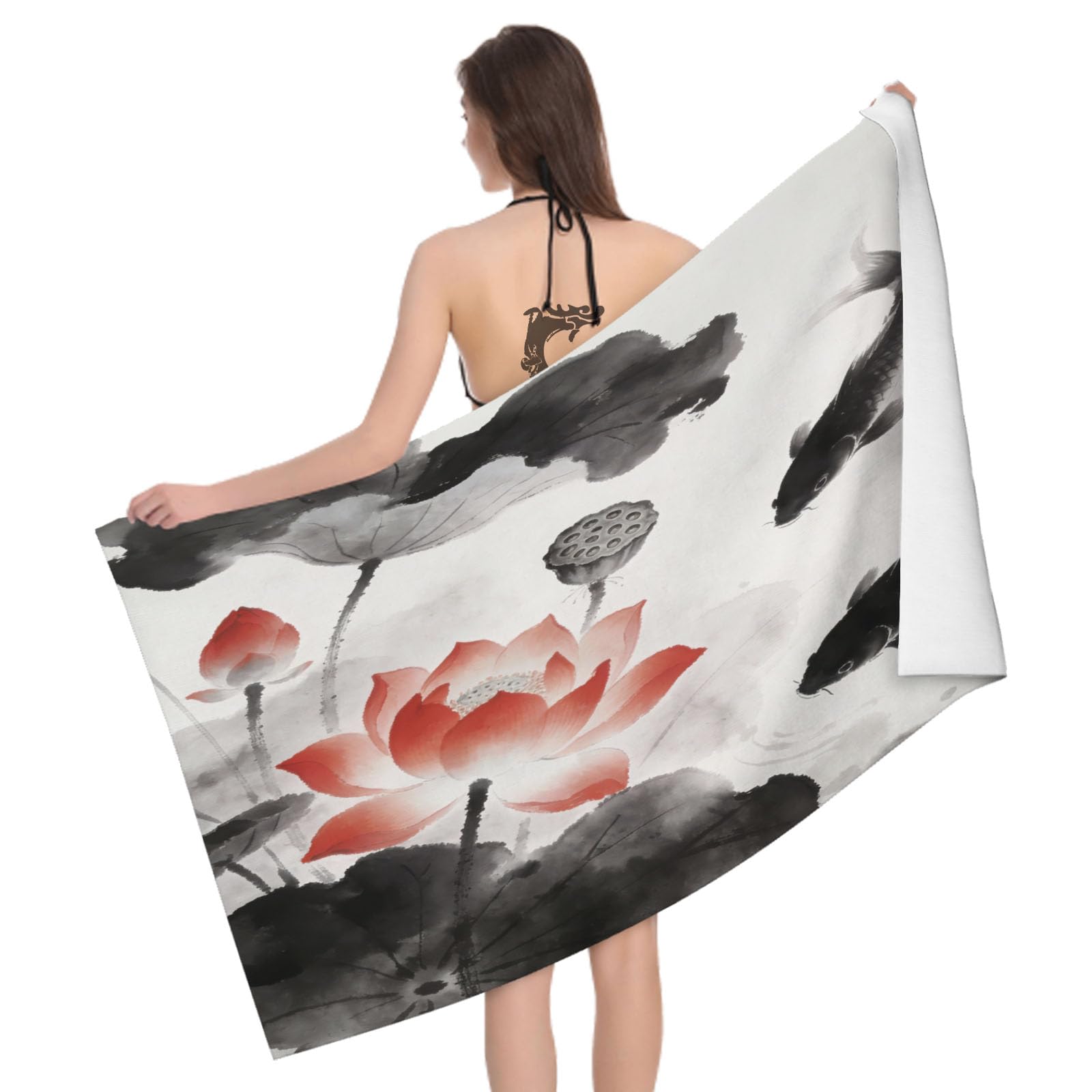 Leichong 3D Lotus Koi Beach Towel Microfiber Soft Quick Dry for Adults, Koi Carp Bath Towel Lightweight Soft Absorbent for Travel Swimming Pool Sports, 75 x 150 cm
