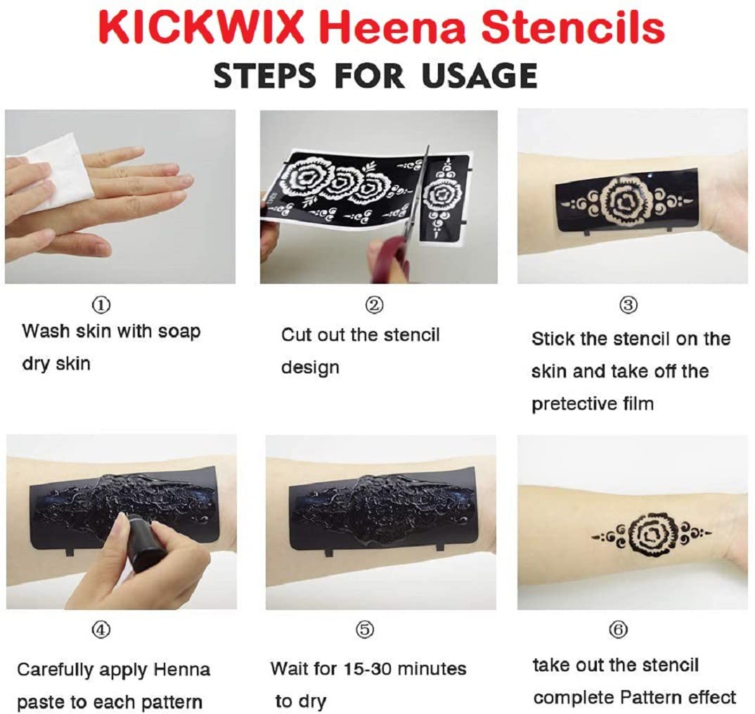 KICKWIX Henna Tattoo Easy Mehndi Creation Artist Stencils Temparory Sticker for Women, Girls and Kids 08 Stickers::one Instruction 2