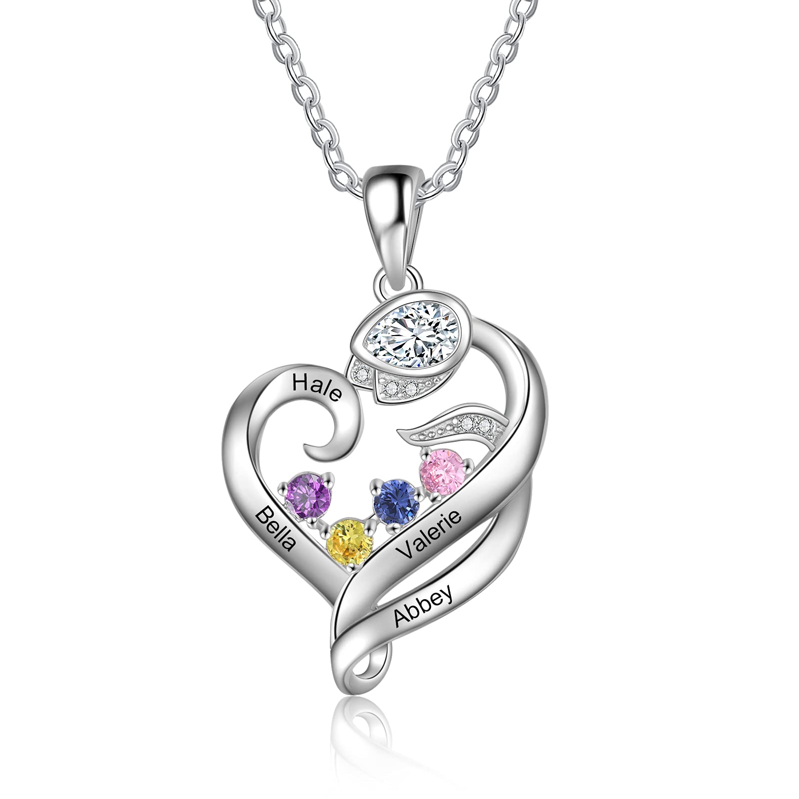 Collana Rosa Personalizzata Cuore 925 Argento Rosa Fiore Ciondolo con Incisione 2-4 Nome Birthstone BFF Collana Figlia Signore Regalo per la Festa della Mamma San Valentino