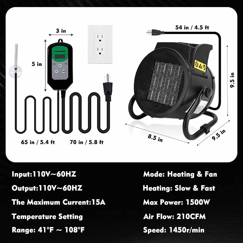 Greenhouse Heater with Thermostat, 1500W Electric Heater Auto Temperature Control Kit Digital Display, Fast Heating, Overheat Protection, for Grow Tent, Greenhouse, Flower Room, Winter Plants, Patio image 4