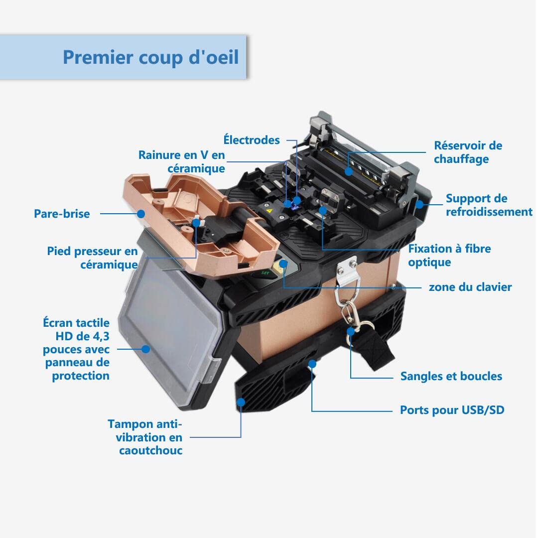 Soudeuse Fibre Optique Fusion Splicer, Kit d'Épissage par Fusion de Fibre avec Écran Tactile de 4,3 Pouces, Épissage 7s et Chauffage 18s pour FTTH (6481B)