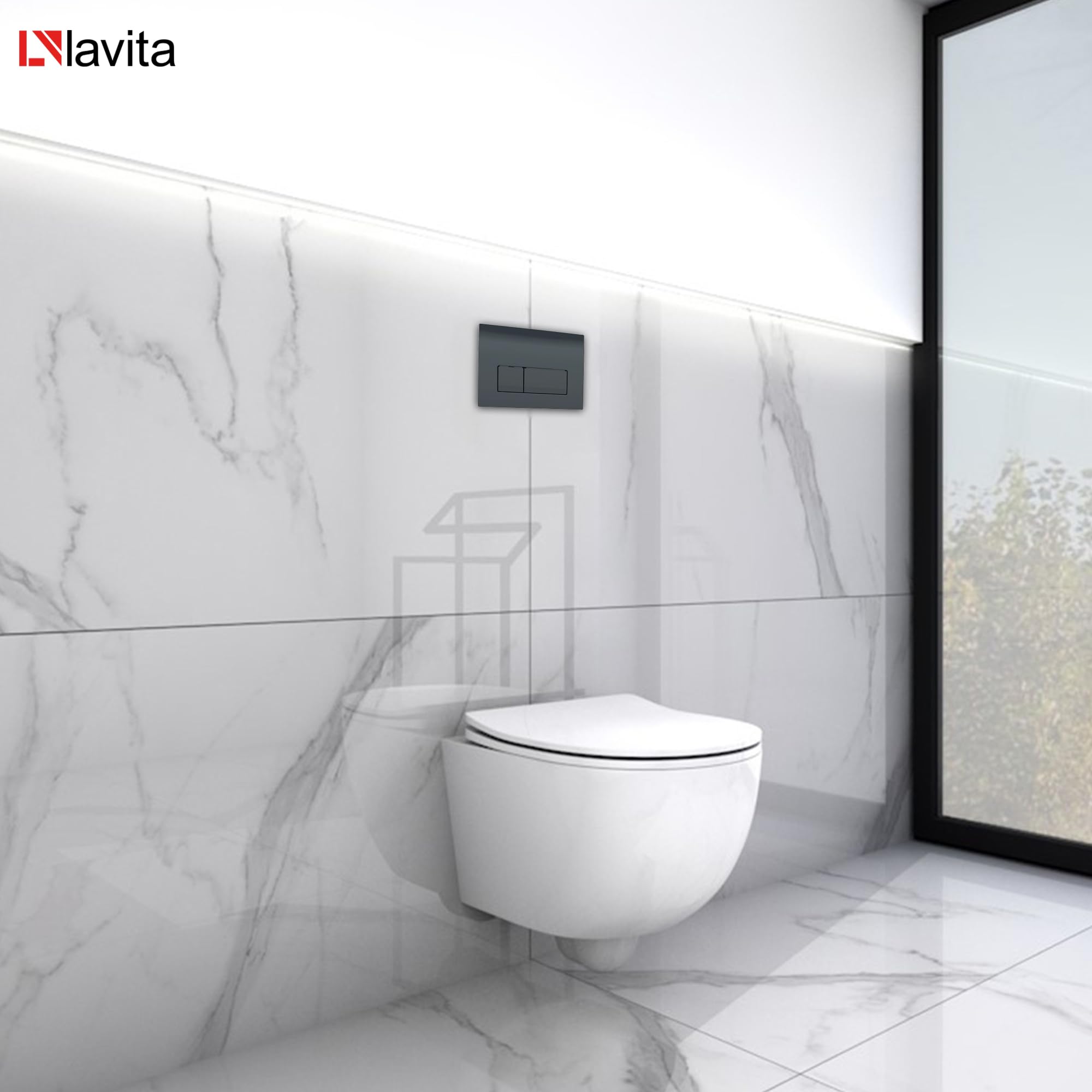 Duofix - Inodoro básico de pared + fregadero profundo de pared Brava blanco sin bordes + placa de control Delta 25 | Botón negro | Juego completo | cisterna empotrada | inodoro completo