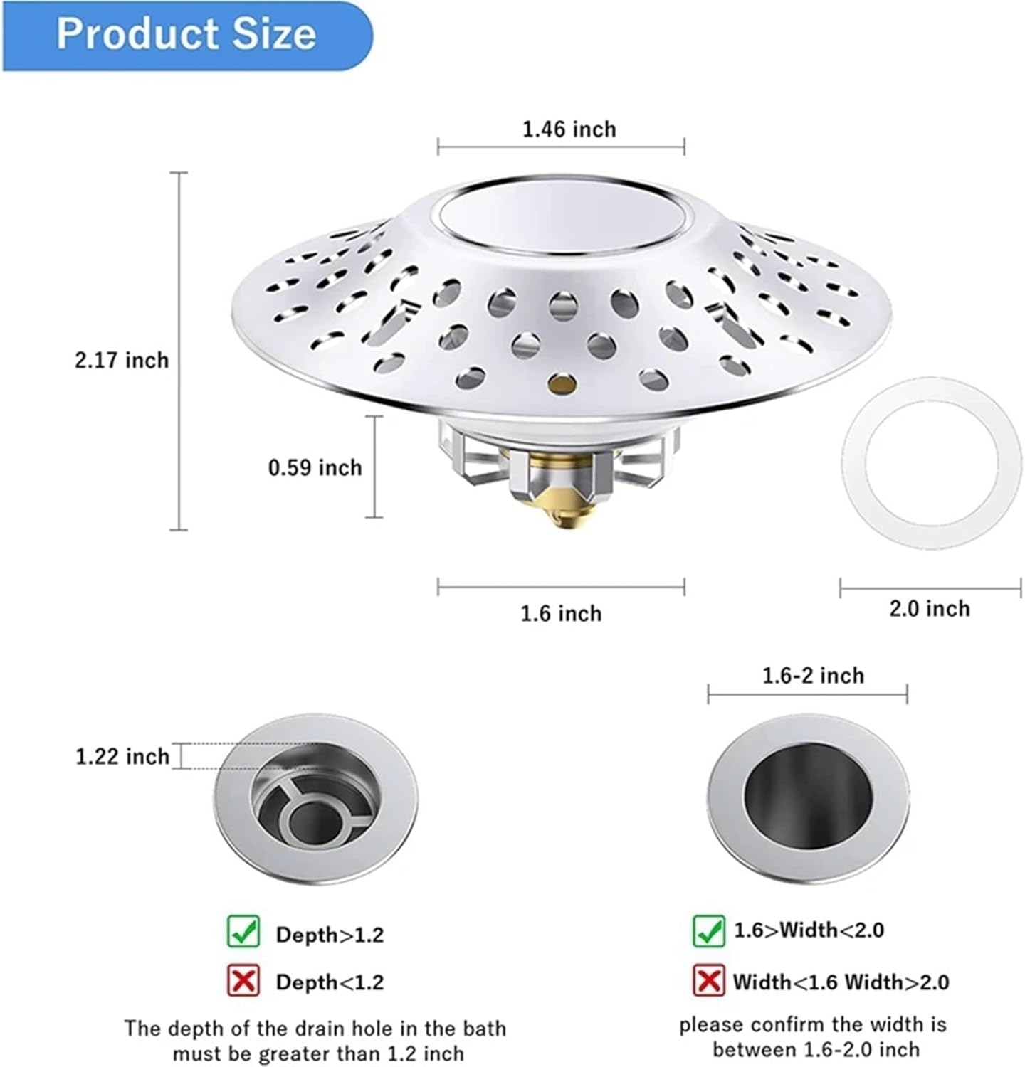 Bathtub Stopper with Drain Hair Catcher, Bathroom Tub Stopper with Dual Filtration Design,for 1.6-2.0 Inch Hole, Silver