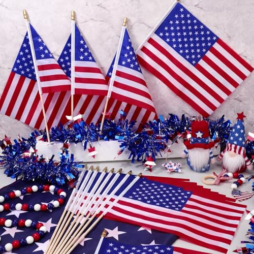 Image of Shimeyao 300 Pack 8 x 12 Inch Small American Flags on Stick, 250th Anniversary Mini Handheld Flags Stick with Solid Wooden Pole Safety Spear Tip for 4th of July Patriotic Independence Veterans Day