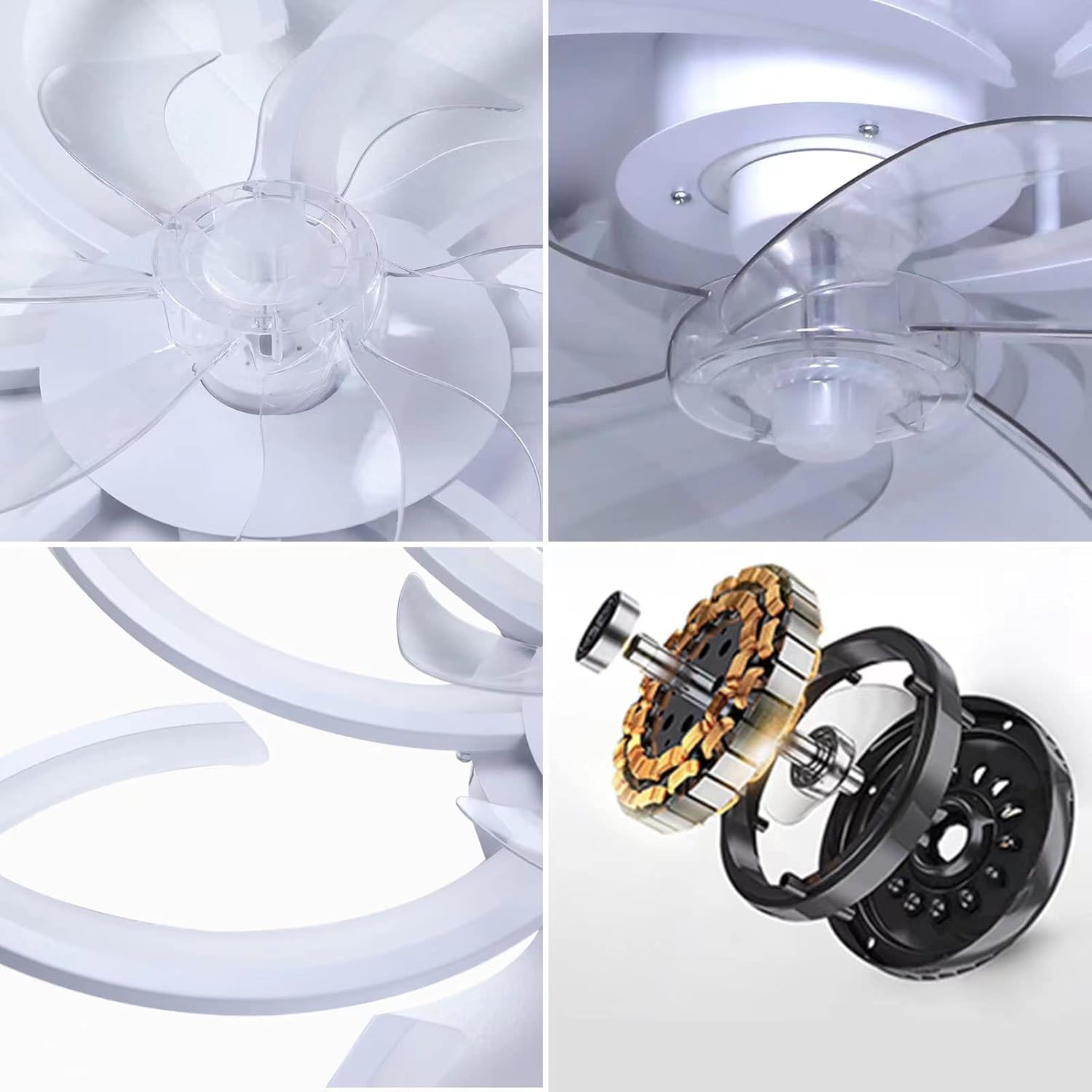 Close-up views of the Wildcat Ceiling Fan's components, including fan blades, light structure, and motor