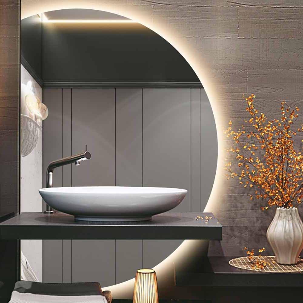 SXFSDOU 43" Half Moon LED Makeup Mirror for Bathroom Dimmable Illuminated Frameless Wall Defogging 47" Irregular Backlit Dressing Shatter-Proof Home Decor(Left cut,100cm)