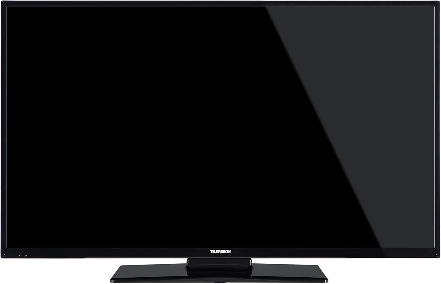 Front view of FINLUX 32-FHD-5620 TV with a black screen, illustrating the TV's design with its stand attached.