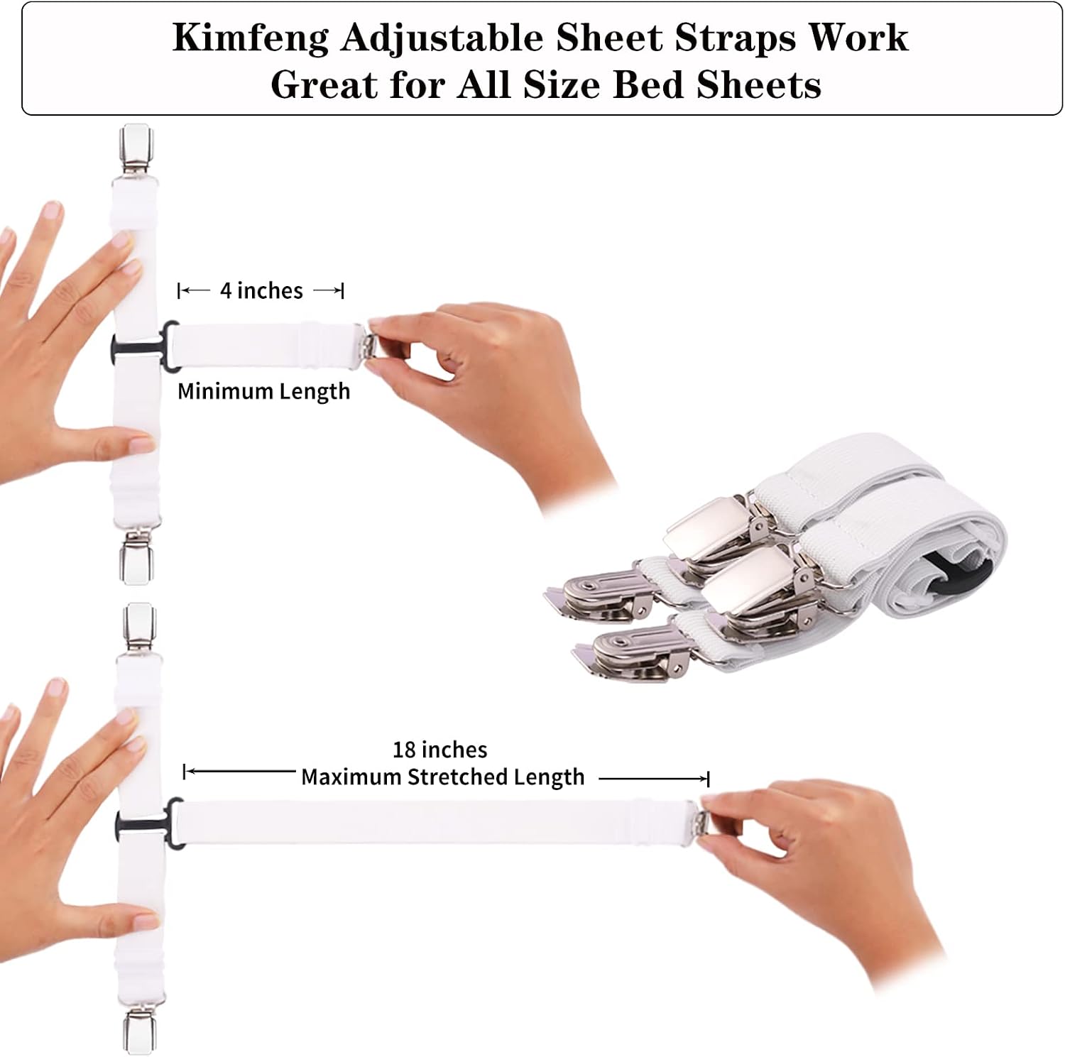 Kimfeng Upgraded Bed Sheet Straps 4 PCS White Fitted Sheet Clips to Keep Sheets in Place Elastic Sheet Suspenders