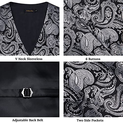 Image of DiBanGu Mens Paisley Vest Silk Sleeveless Suit Vest and Neck Tie Pocket Square Cufflinks Set for Wedding Formal