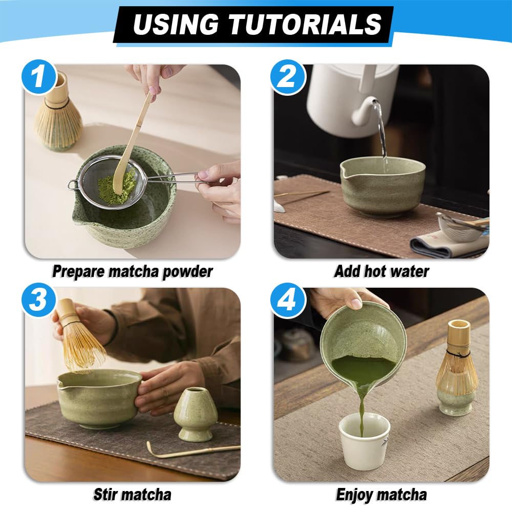 Exquilnova 5PCS Matcha Whisk Set with Matcha Bowl Matcha Whisk Holder Matcha Wisk Matcha Spoon and Matcha Sieve — view 5