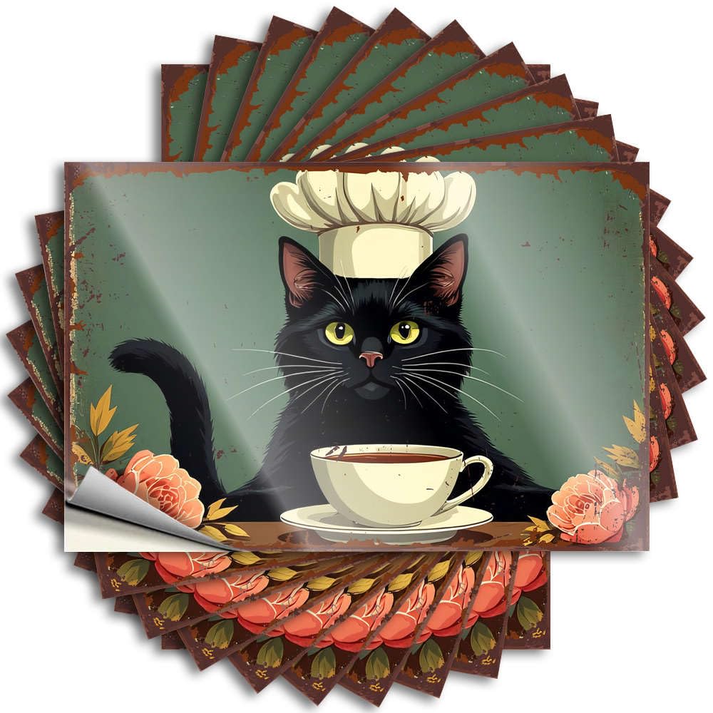 Tattoo New, Absorbing Tumbler A Black Cat Wearing A Chef's Hat Sits Behind A Cup of Tea, Surrounded By Flowers | Bar Cart Decor(12X18CM)