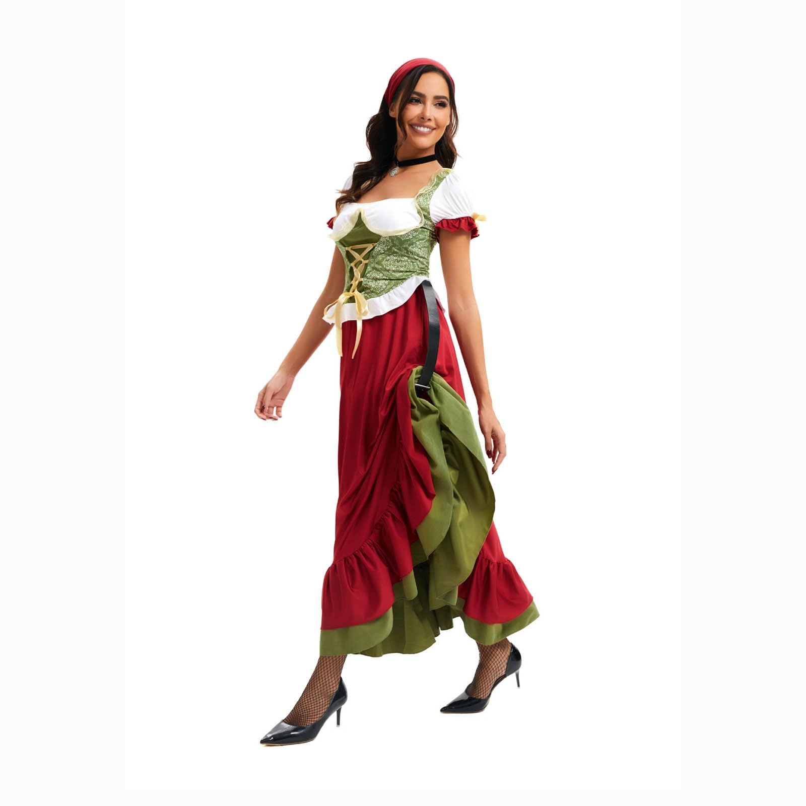 Dirndl Rot Damen Lang Dirndl Kleid Kurzarm Dirndlbluse,Schleife,Haarreif,Gürtel 5 Teilig Dirndl-Komplettsets Trachten Trachtenrock Trachtenkleid Festliches Wiesn Outfit Für Oktoberfest Karneval