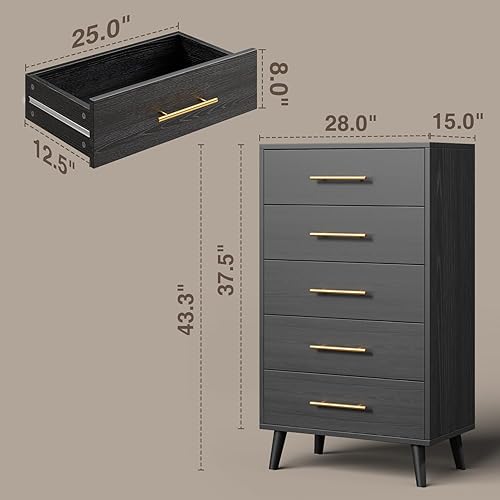 Miniatura 3 de Aiho Cómoda de 5 cajones para dormitorio, cómoda alta con asas de metal, organizador de almacenamiento de madera, cómoda de guardería, para sala de