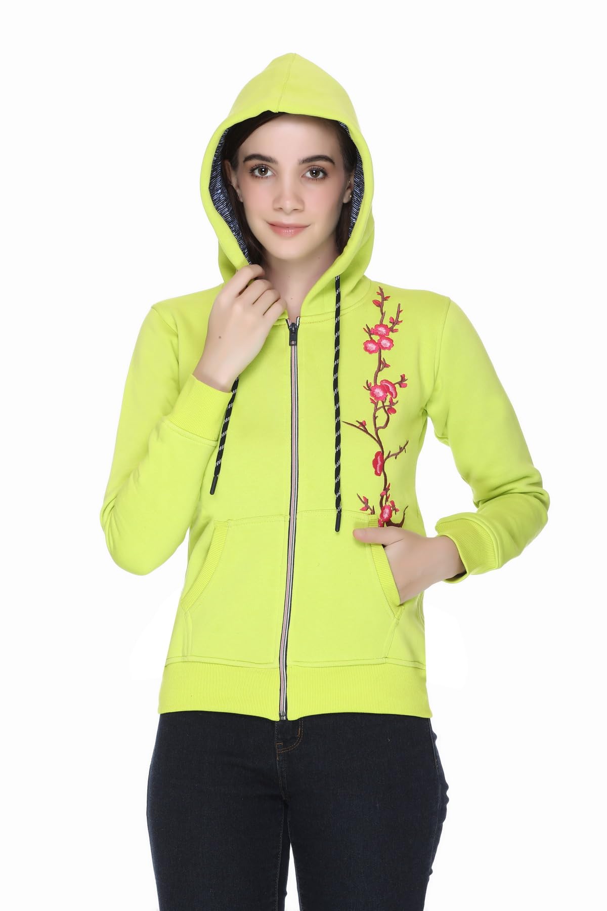 hold Women's Cherry Blossom Embroidered Zip-Up Hoodie, Lime Green Blend, Front Pockets, Drawstring Hood, Casual Wear-picture-28