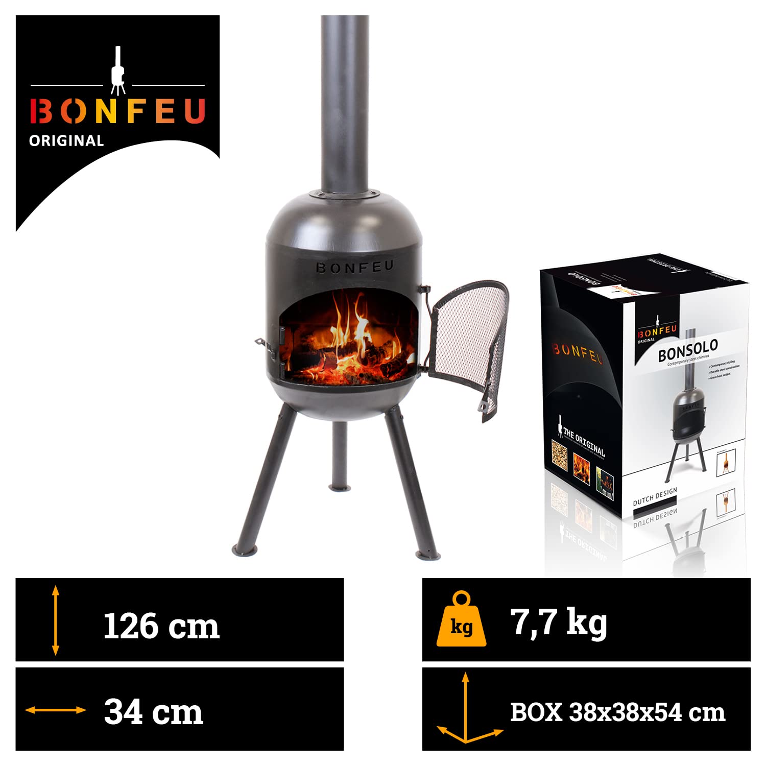 BonFeu BonSolo Piec tarasowy czarny – wysokiej jakości kominek ogrodowy z funkcją grillowania, Ø 34 cm, wys. 124 cm – wytrzymały kominek ze stali wraz z rusztem do grillowania i pogrzebaczem do ogrodu