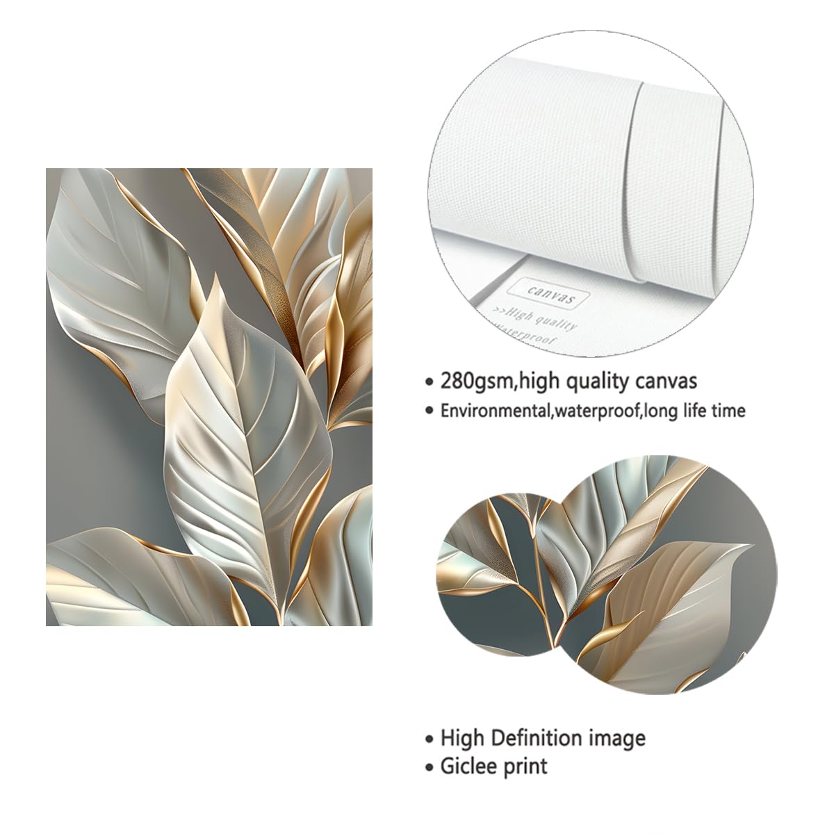 TOANGWALL Hojas de plata doradas Arte mural de lienzo Elegantes grabados botánicos Mural de naturaleza Cartel contemporáneo de hojas Pintura para la decoración interior del dormitorio 65x110cm