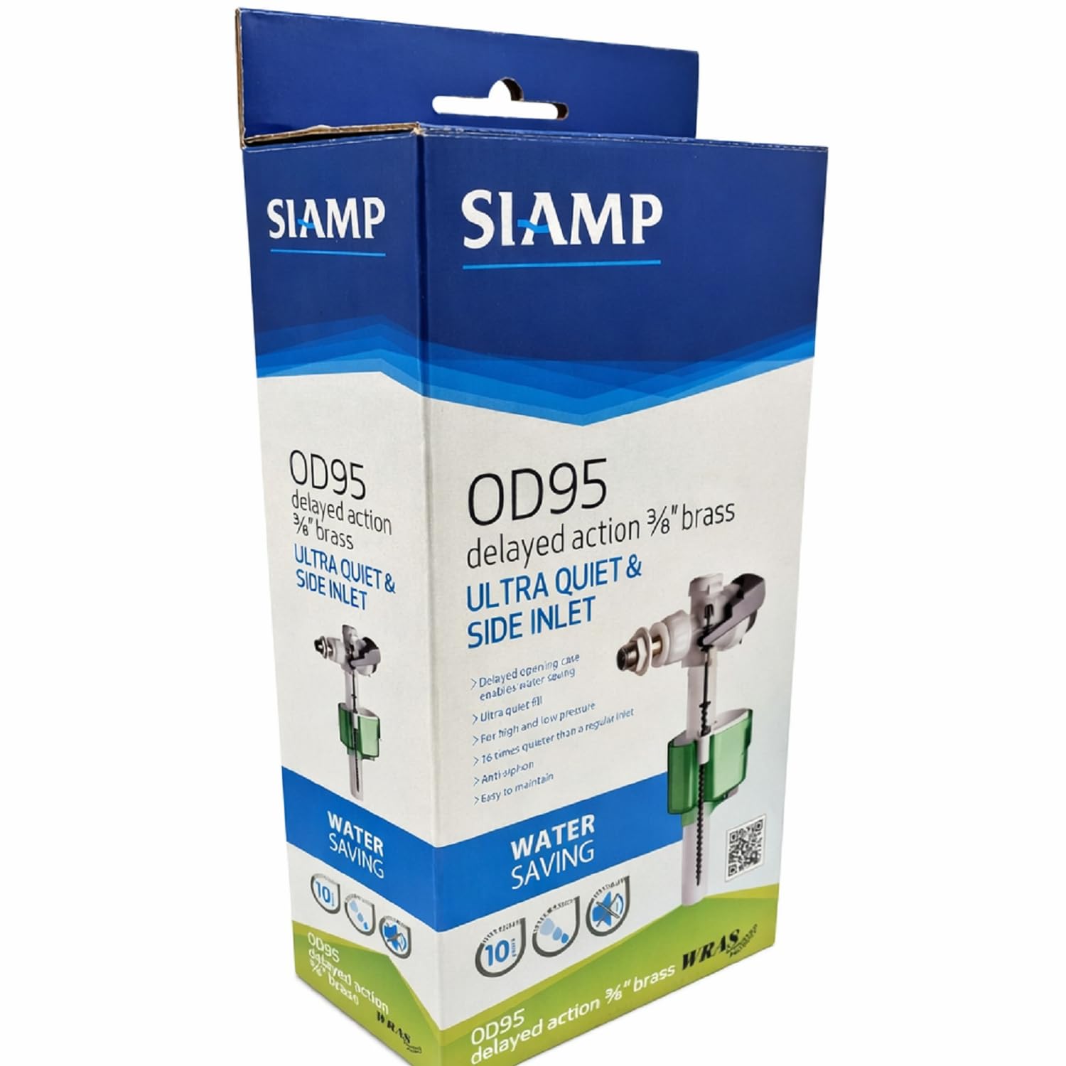SIAMP OD95 3/8" Quiet Brass Side Inlet Valve Delayed Action Ultra Quiet WRAS Approved