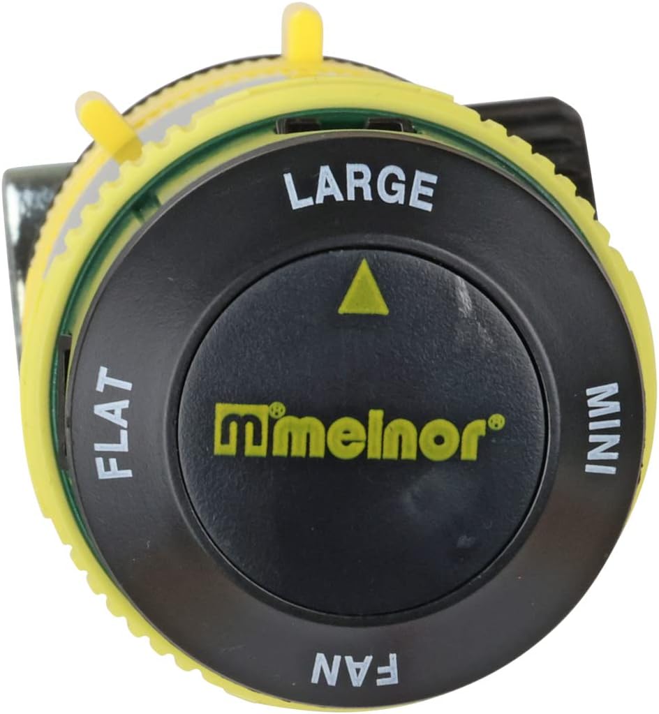 Close-up of the Melnor Turbo Rotary Sprinkler's pattern selector dial, showing options like Large, Mini, Flat, and Fan.