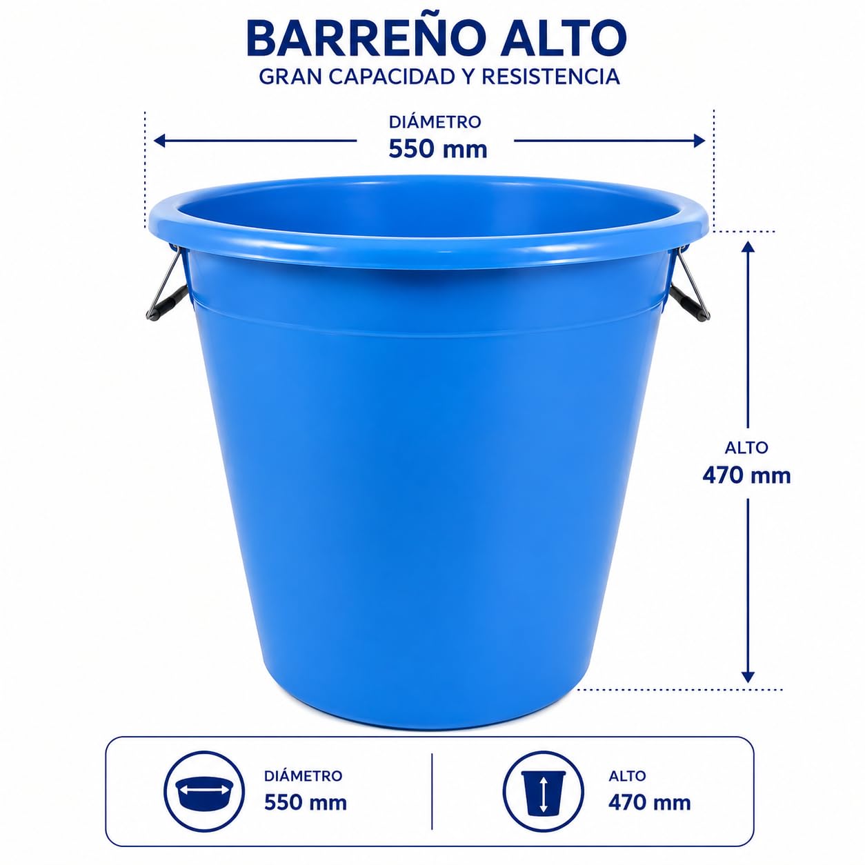 Barreño Grande 70Litros Alto | Palangana Plastico con Asas | Barreño Resistente y Duradero | Uso General en Hogar, Jardín o Industria | Diámetro 55cm x Alto 47cm