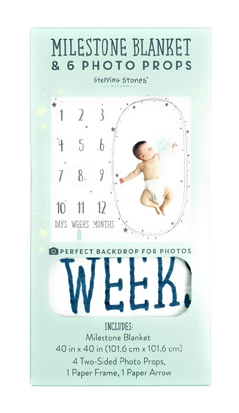 Stepping Stones Baby Milestone Blanket Daily, Weekly, Monthly Photo Prop for Newborn. 40" x 40" White with Blue Accents Modern Polyester or Fleece