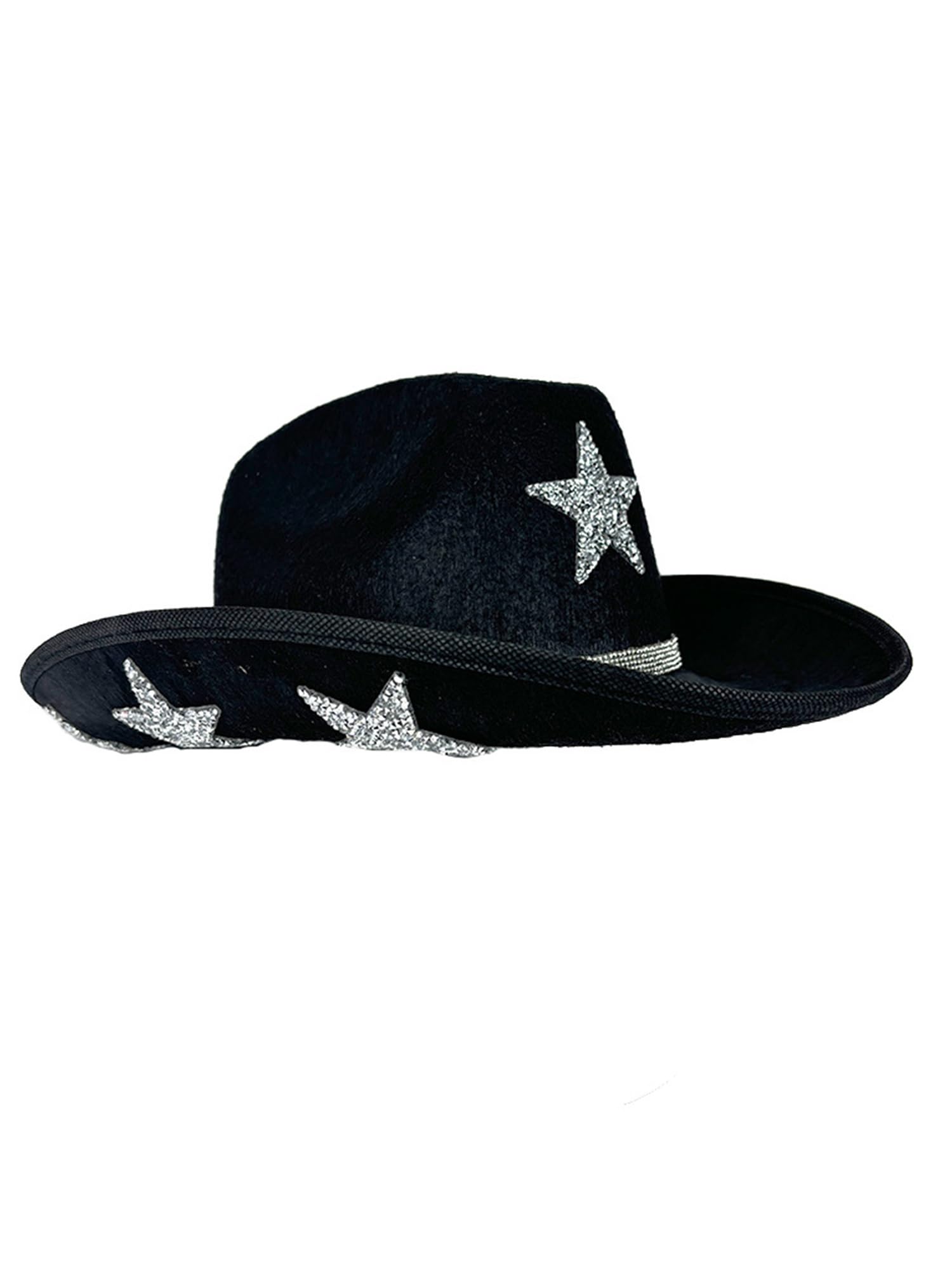 Anuedgis Women's Sparkly Rhinestone Star Western Cowboy Hat Wide Brim Fancy Dress Cowgirl Hat for Party Music Festival Wedding Costume (Black 2, ONE Size)